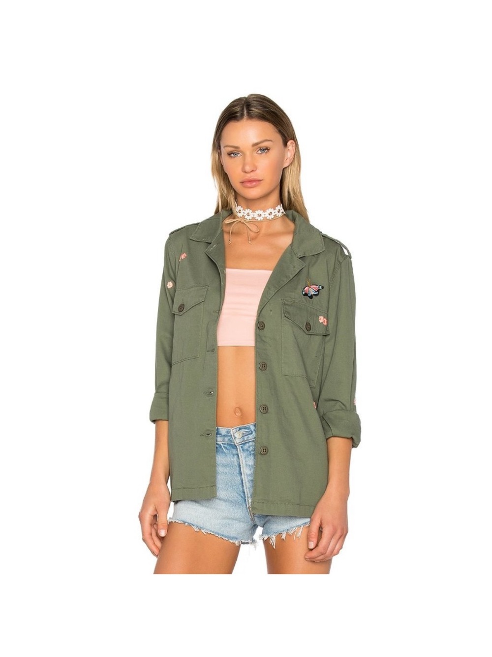 Sanctuary Army Green Flower And Butterfly Embroidered Utility Jacket